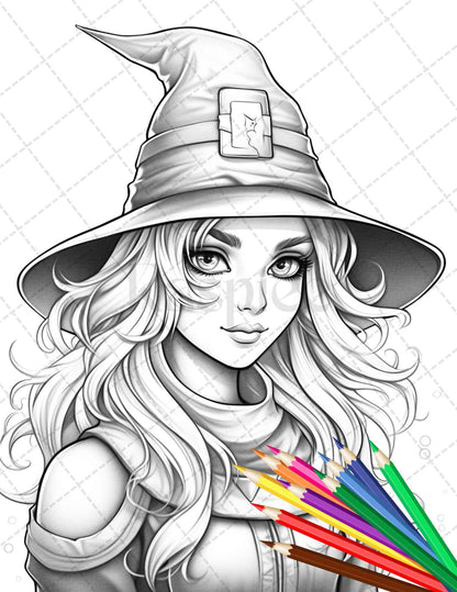 40 Cute Witches Coloring Pages Printable for Adults, Grayscale Coloring Page, PDF File Instant Download