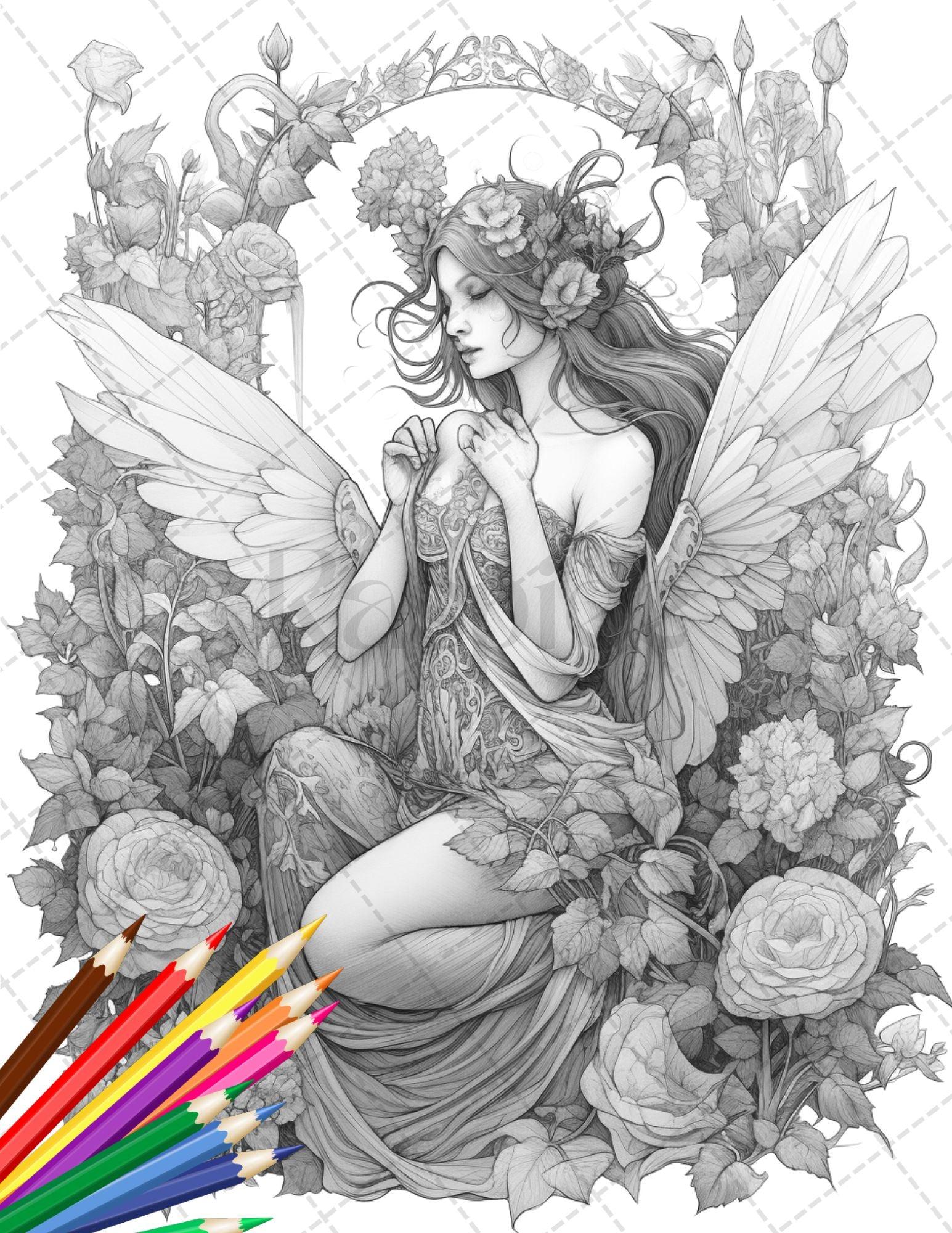 30 Beautiful Fairies Coloring Page Book for Adults, Flower Fairy Grayscale Coloring Book, Fairy Coloring Sheets, Printable PDF File Download