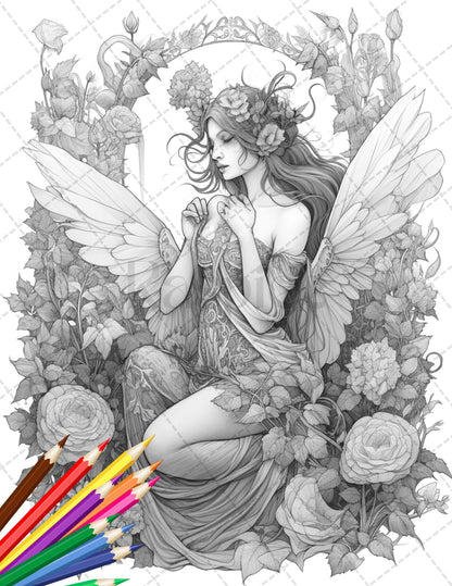 30 Beautiful Fairies Coloring Page Book for Adults, Flower Fairy Grayscale Coloring Book, Fairy Coloring Sheets, Printable PDF File Download