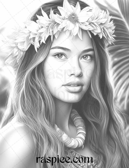 40 Hawaiian Girls Grayscale Coloring Pages Printable for Adults, PDF File Instant Download