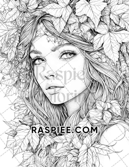 Autumn Beauties Portrait Adult Coloring Pages Printable PDF Instant Download