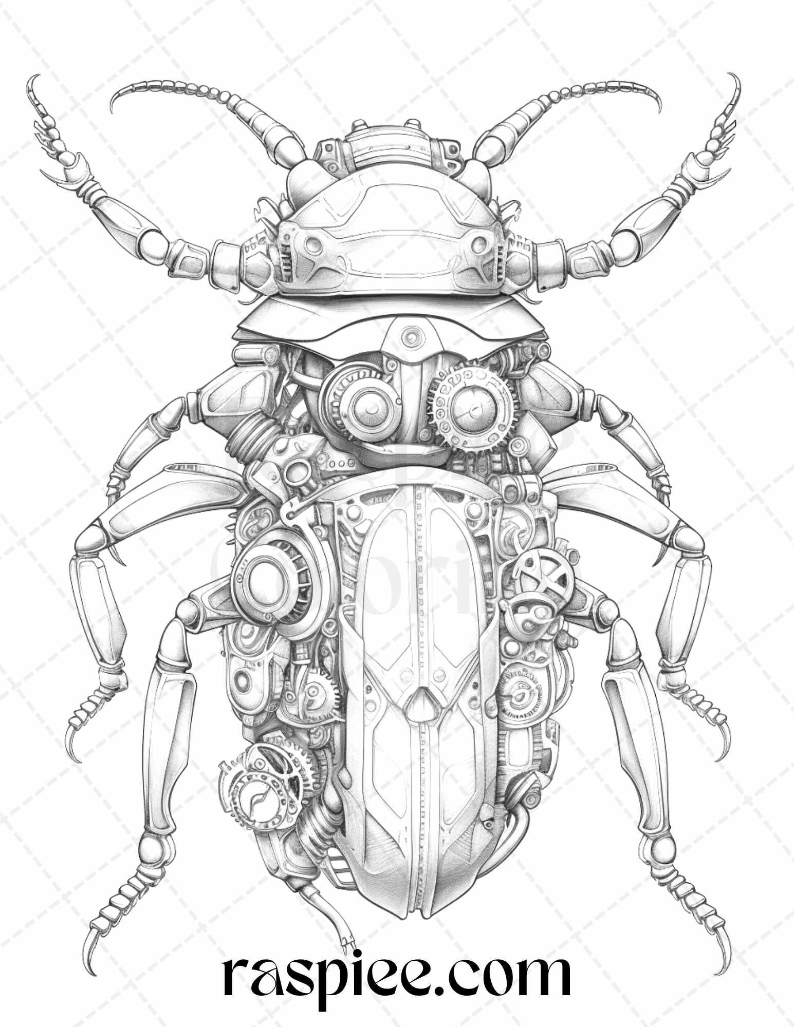 42 Steampunk Bugs Grayscale Coloring Pages Printable for Adults, PDF File Instant Download