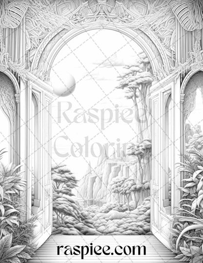 40 Window to Fantasy Worlds Grayscale Coloring Pages Printable for Adults, PDF File Instant Download