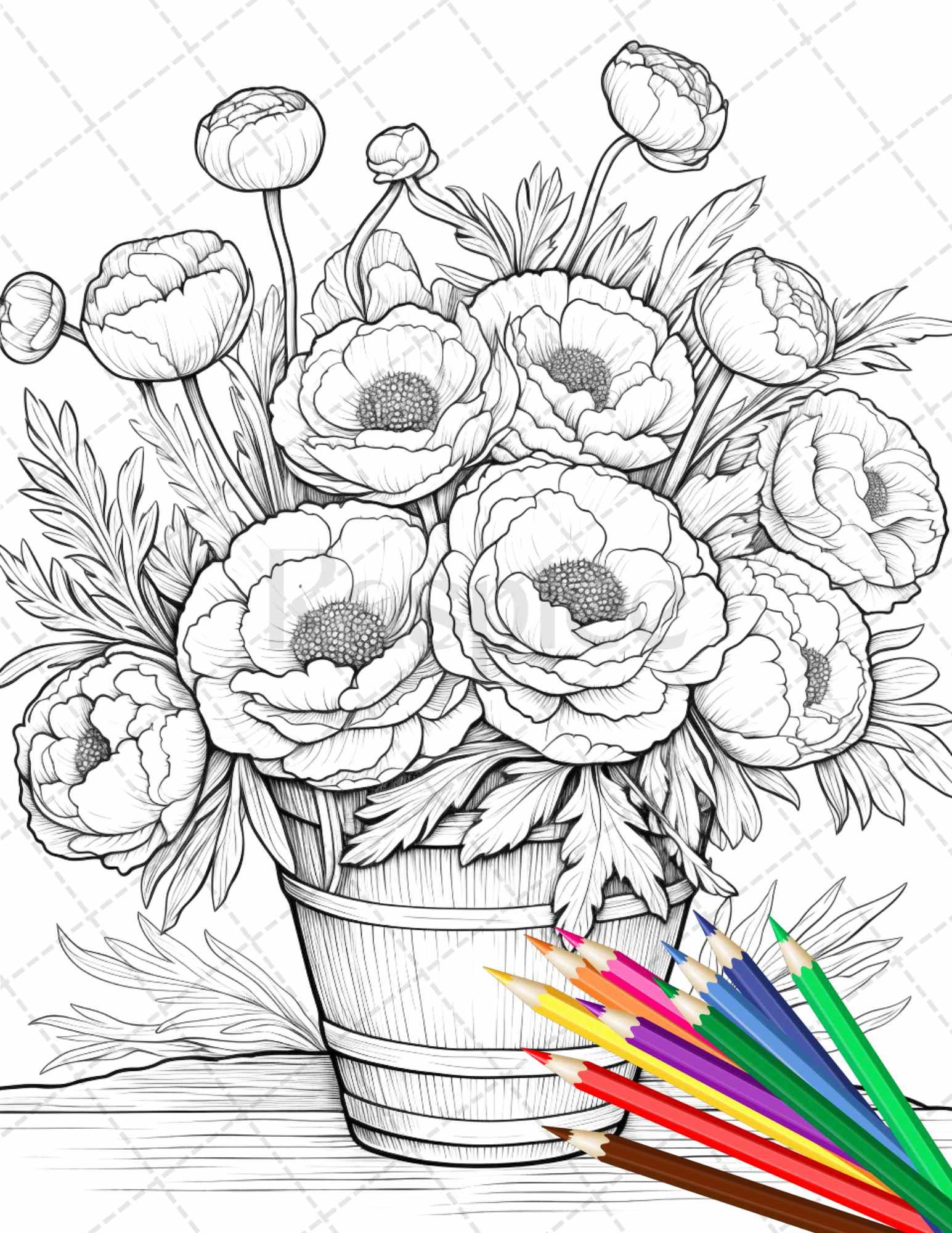 30 Flower Baskets Grayscale Coloring Pages for Adults, PDF File Instant Download