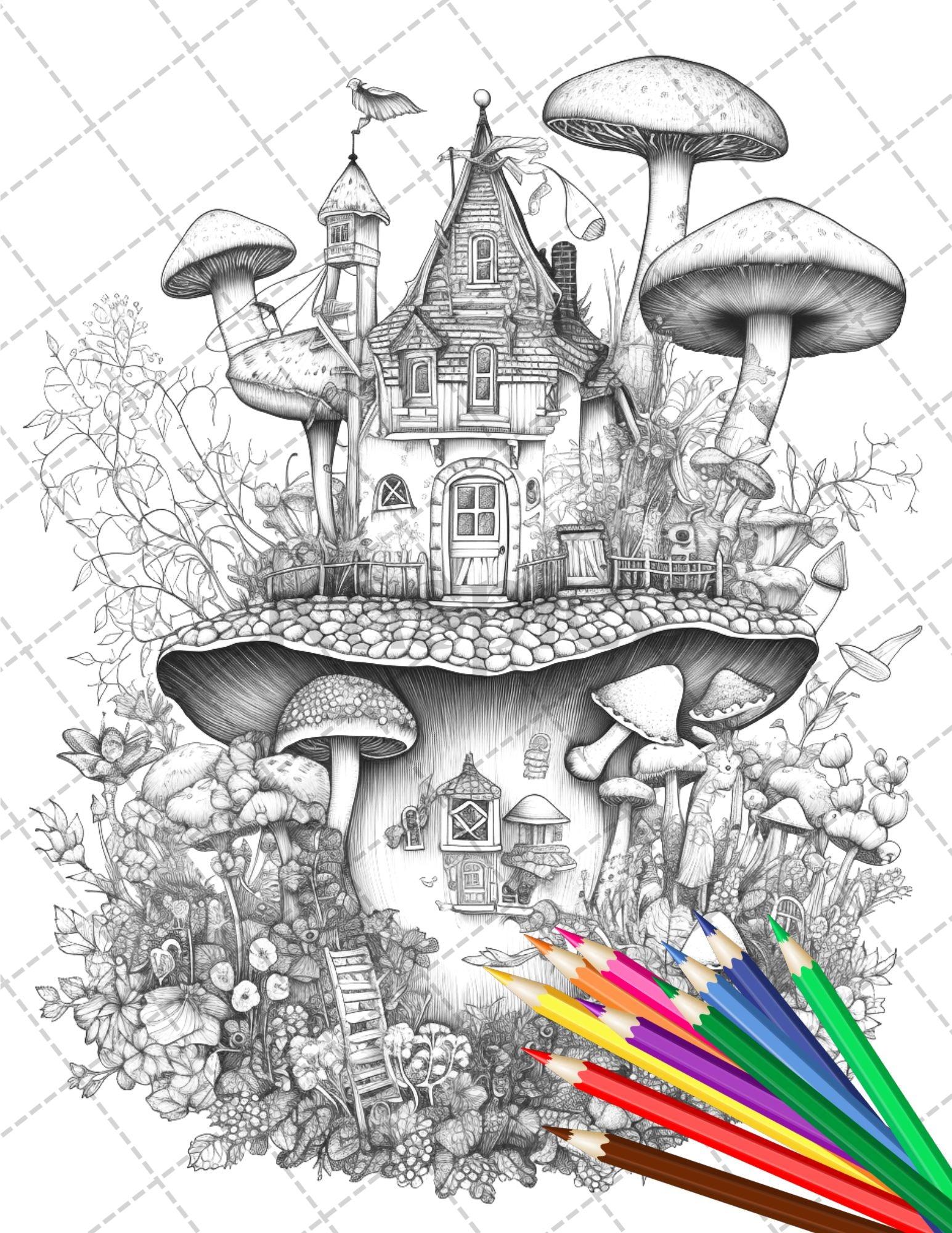 32 Whimsical Mushroom House Coloring Pages for Adults, Grayscale Coloring Book, Printable PDF File Download