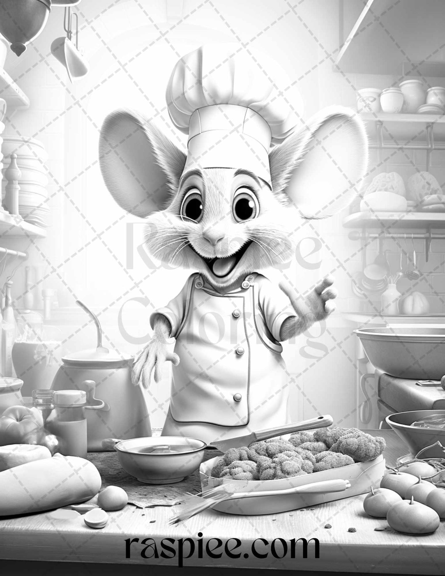 45 Mouse Chef Grayscale Coloring Pages Printable for Adults, PDF File Instant Download