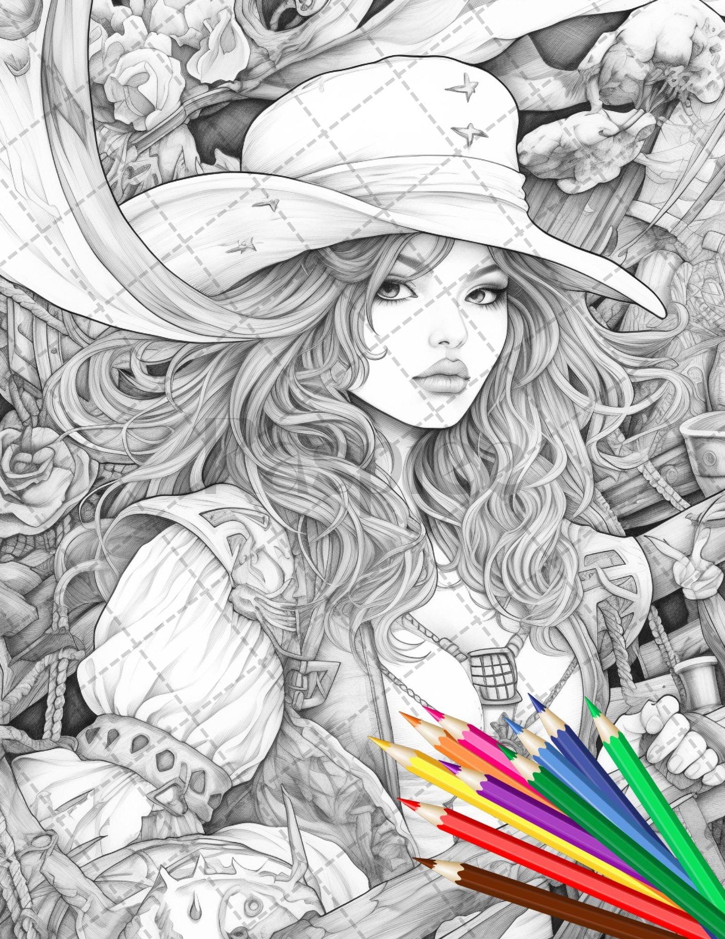 48 Beautiful Pirate Princess Coloring Book Printable for Adults, Grayscale Coloring Page, PDF File Instant Download