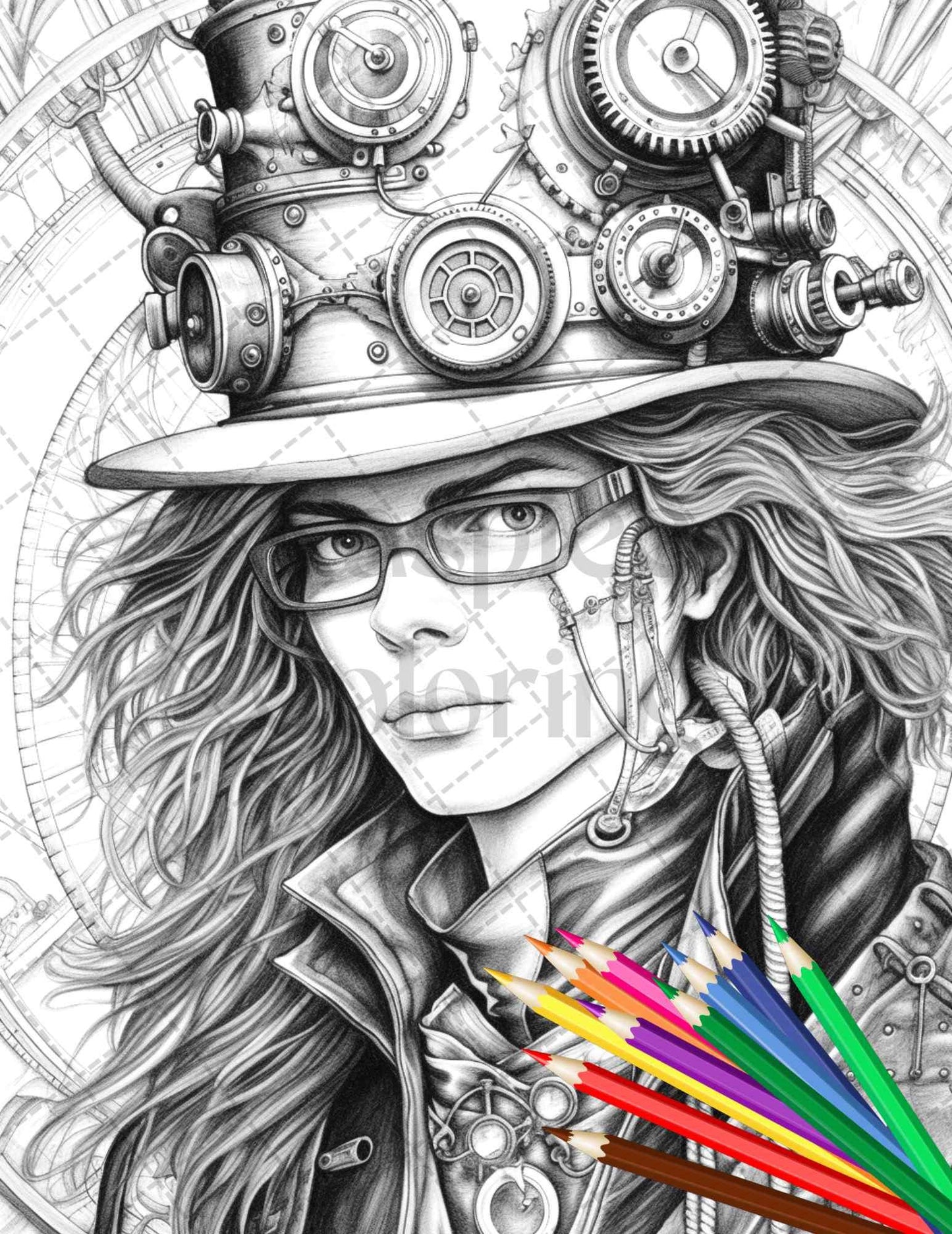 42 Steampunk Mens Grayscale Coloring Pages Printable for Adults, PDF File Instant Download