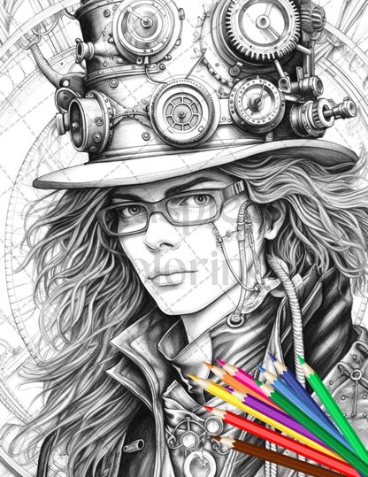 42 Steampunk Mens Grayscale Coloring Pages Printable for Adults, PDF File Instant Download