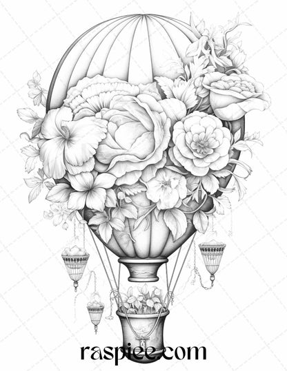 42 Flower Hot Air Balloons Grayscale Coloring Pages Printable for Adults, PDF File Instant Download