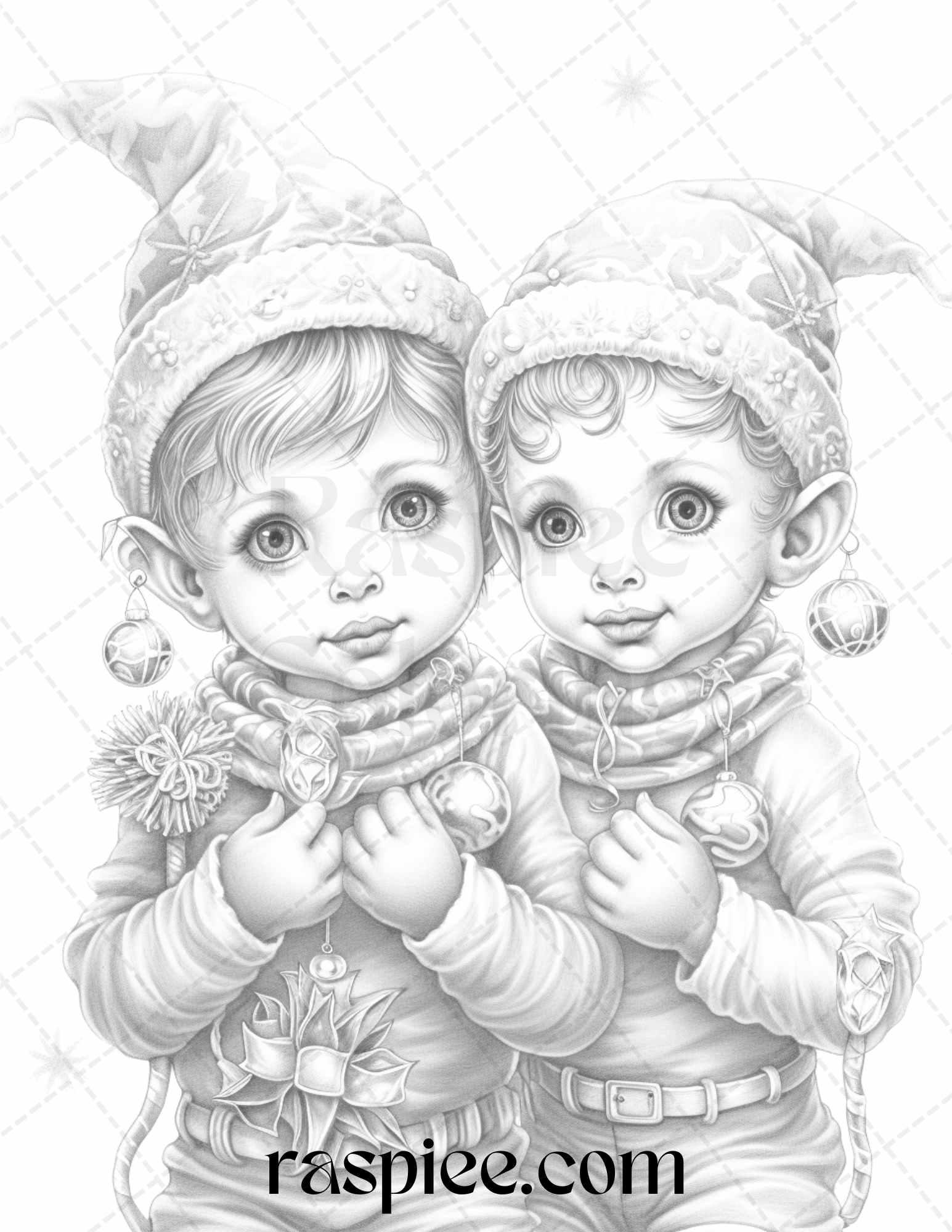 110 Christmas Elves Grayscale Coloring Pages Printable for Adults Kids, PDF File Instant Download