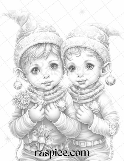 110 Christmas Elves Grayscale Coloring Pages Printable for Adults Kids, PDF File Instant Download