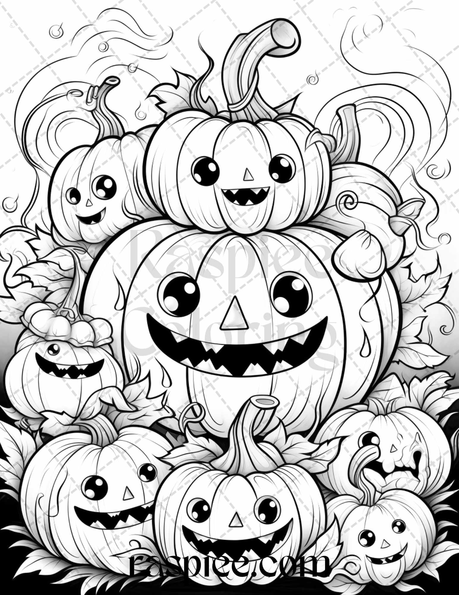 40 Halloween Creepy Kawaii Grayscale Coloring Pages for Adults and Kids, Printable PDF File Instant Download