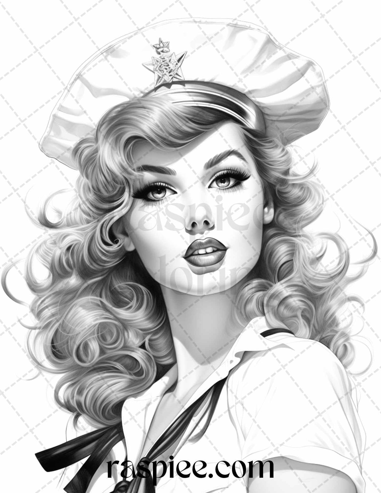 40 Sailor Pin Up Girls Grayscale Coloring Pages Printable for Adults, PDF File Instant Download