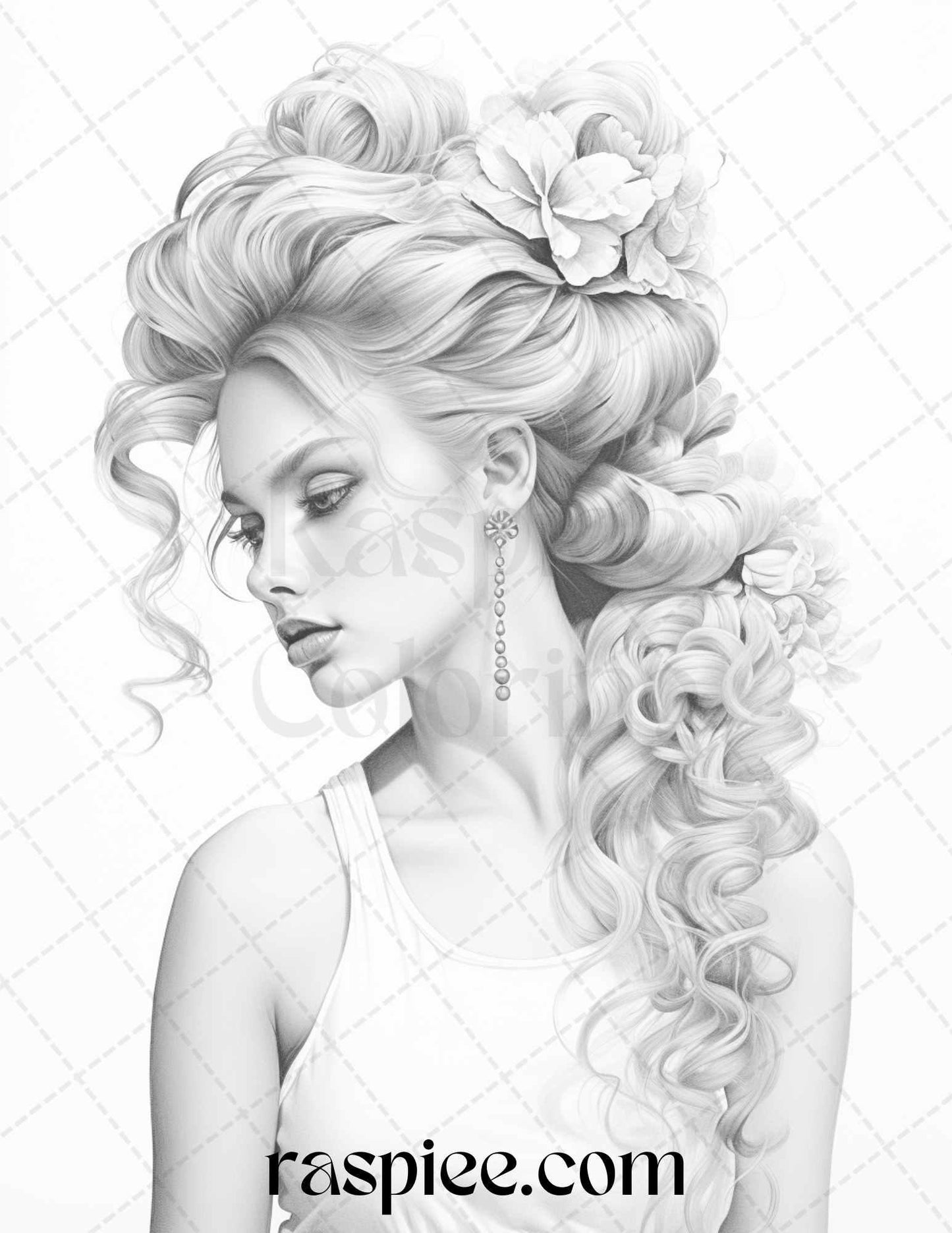 43 Beautiful Hairstyles Grayscale Coloring Pages Printable for Adults, PDF File Instant Download