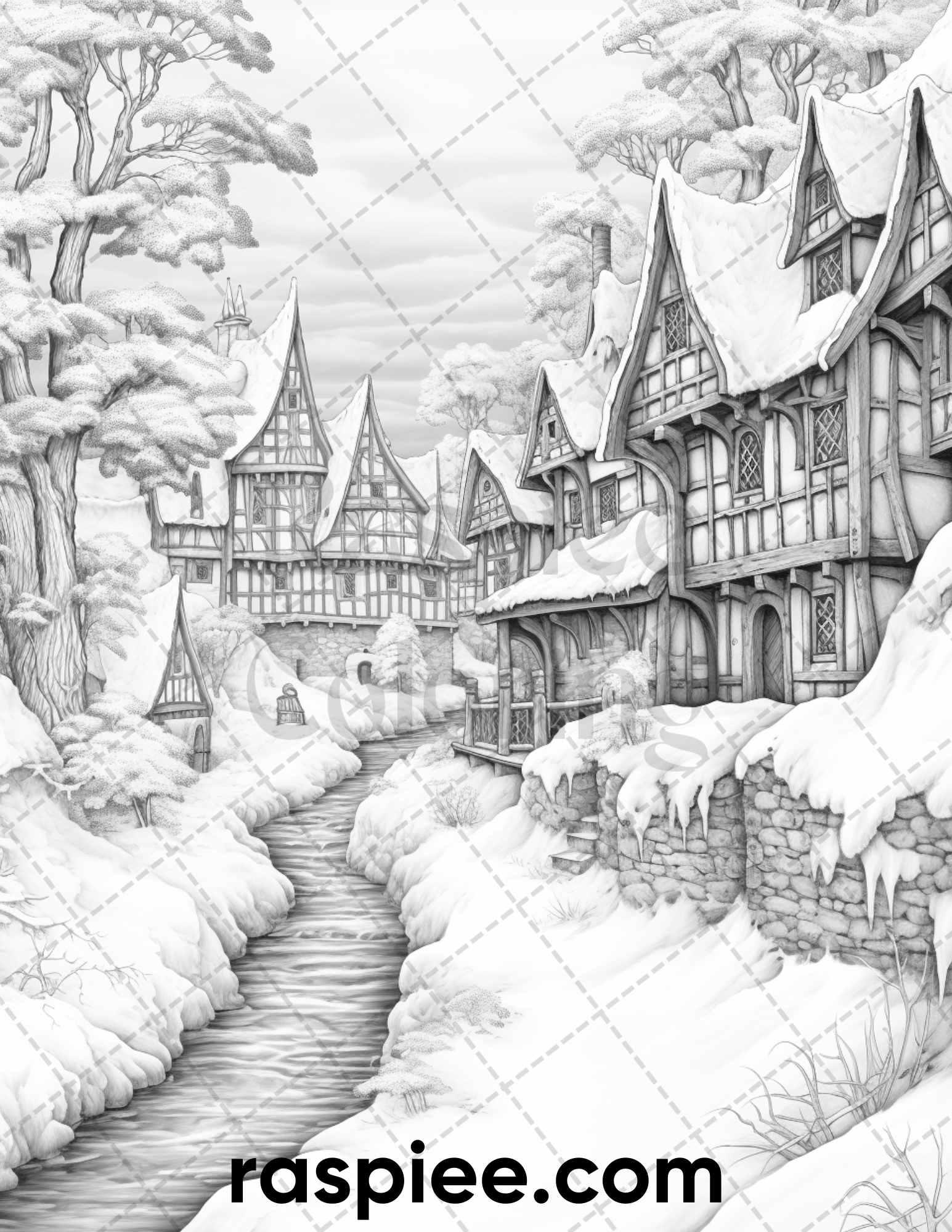 40 Fantasy Winter Village Grayscale Coloring Pages for Adults, PDF File Instant Download