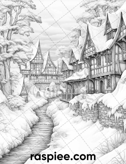 40 Fantasy Winter Village Grayscale Coloring Pages for Adults, PDF File Instant Download