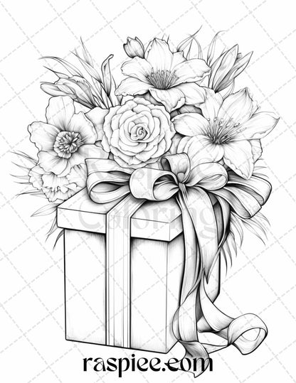 40 Flower Gift Box Grayscale Coloring Pages Printable for Adults Kids, PDF File Instant Download