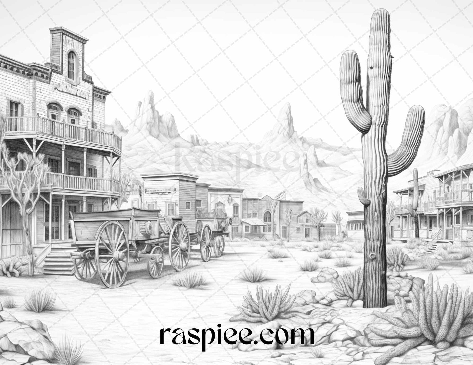 40 Wild West Towns Grayscale Coloring Pages Printable for Adults, PDF File Instant Download