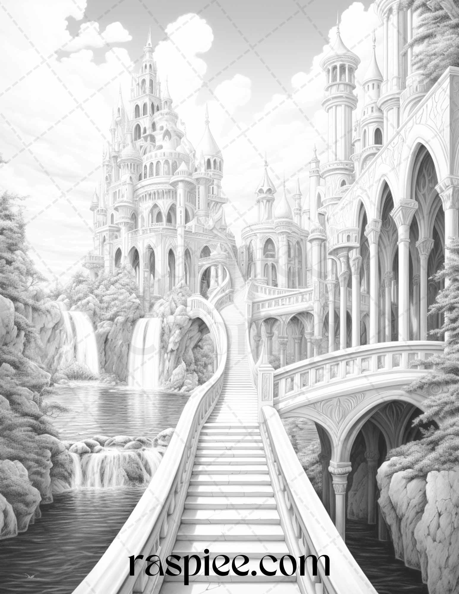 40 Fantasy Landscapes Grayscale Coloring Pages Printable for Adults, PDF File Instant Download