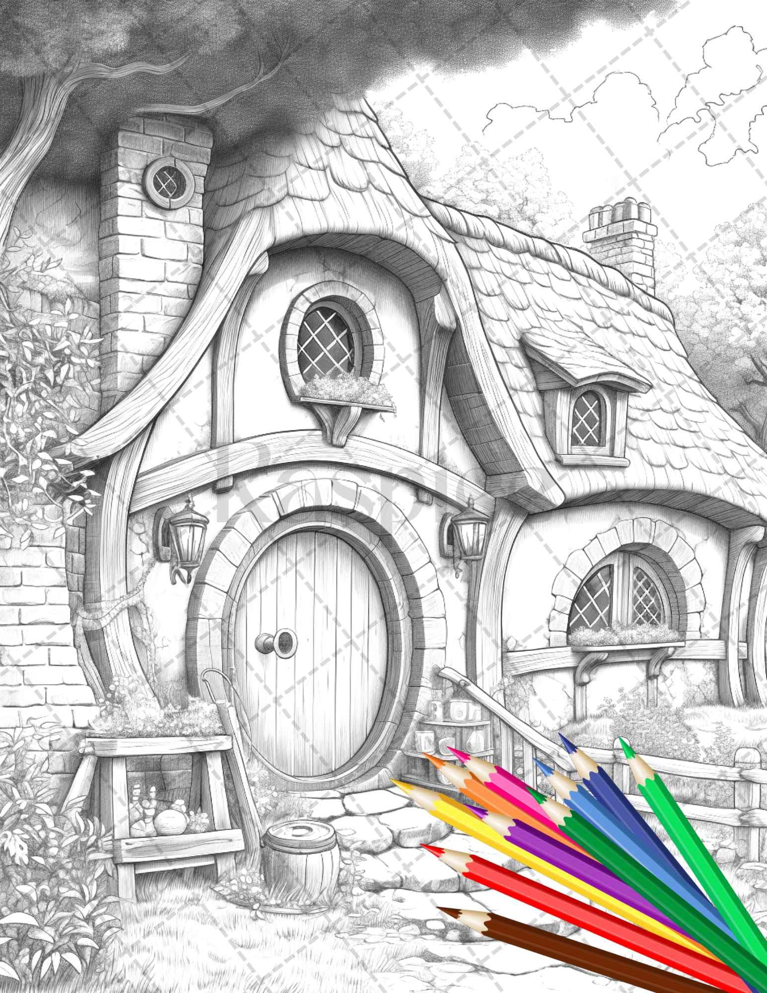 43 Enchanted Hobbiton Houses Grayscale Coloring Pages Printable for Adults, PDF File Instant Download