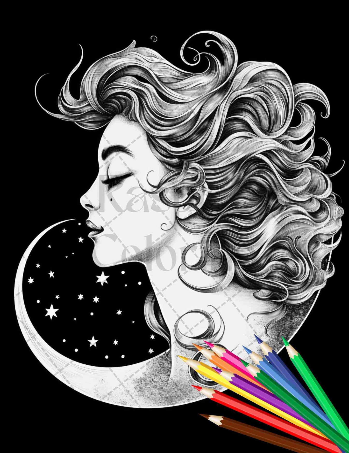 34 Beautiful Moon Fairies Grayscale Coloring Pages Printable for Adults, PDF File Instant Download