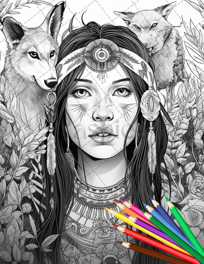 30 Native American Girls Printable Coloring Pages for Adult, Native American Culture Grayscale Coloring Book, Printable PDF File Download