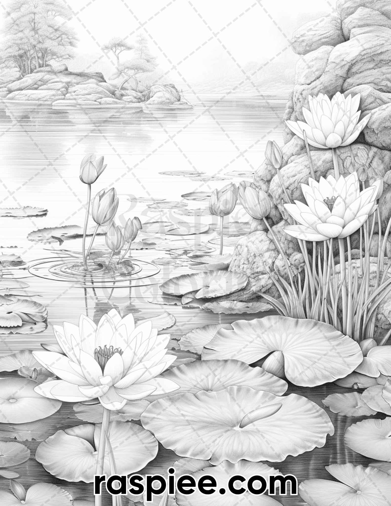 40 Lotus Pond Serenity Grayscale Adult Coloring Pages, Printable PDF Instant Download