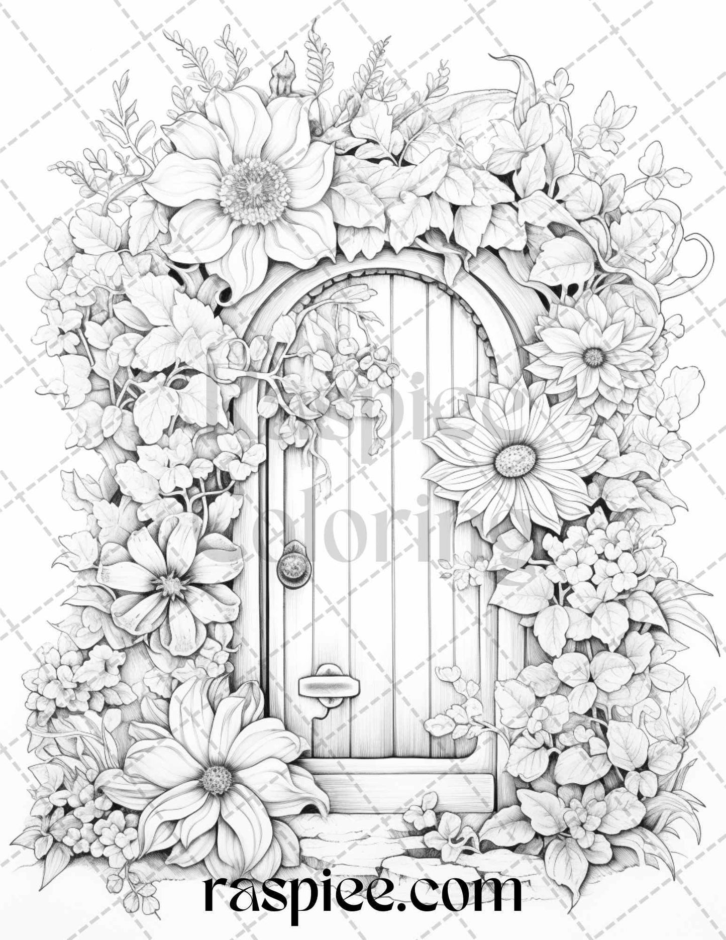 40 Flower Fairy Doors Grayscale Coloring Pages Printable for Adults, PDF File Instant Download