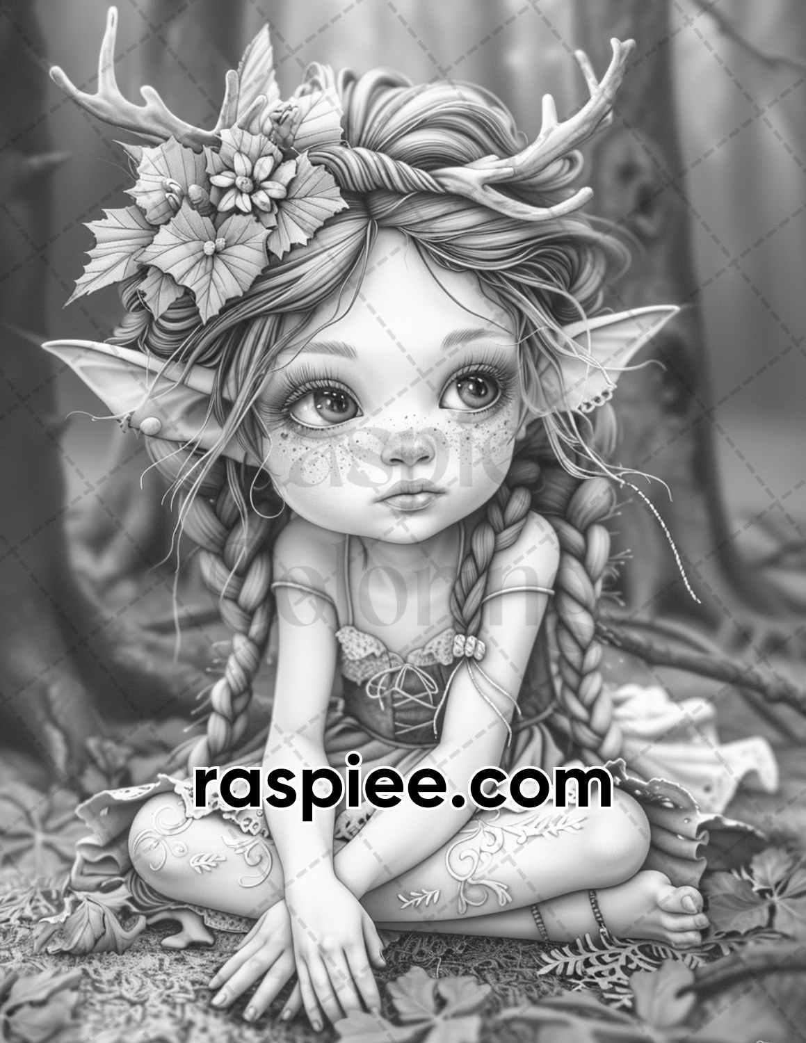 62 Magical Fairy Antler Grayscale Adult Coloring Pages, Printable PDF Instant Download