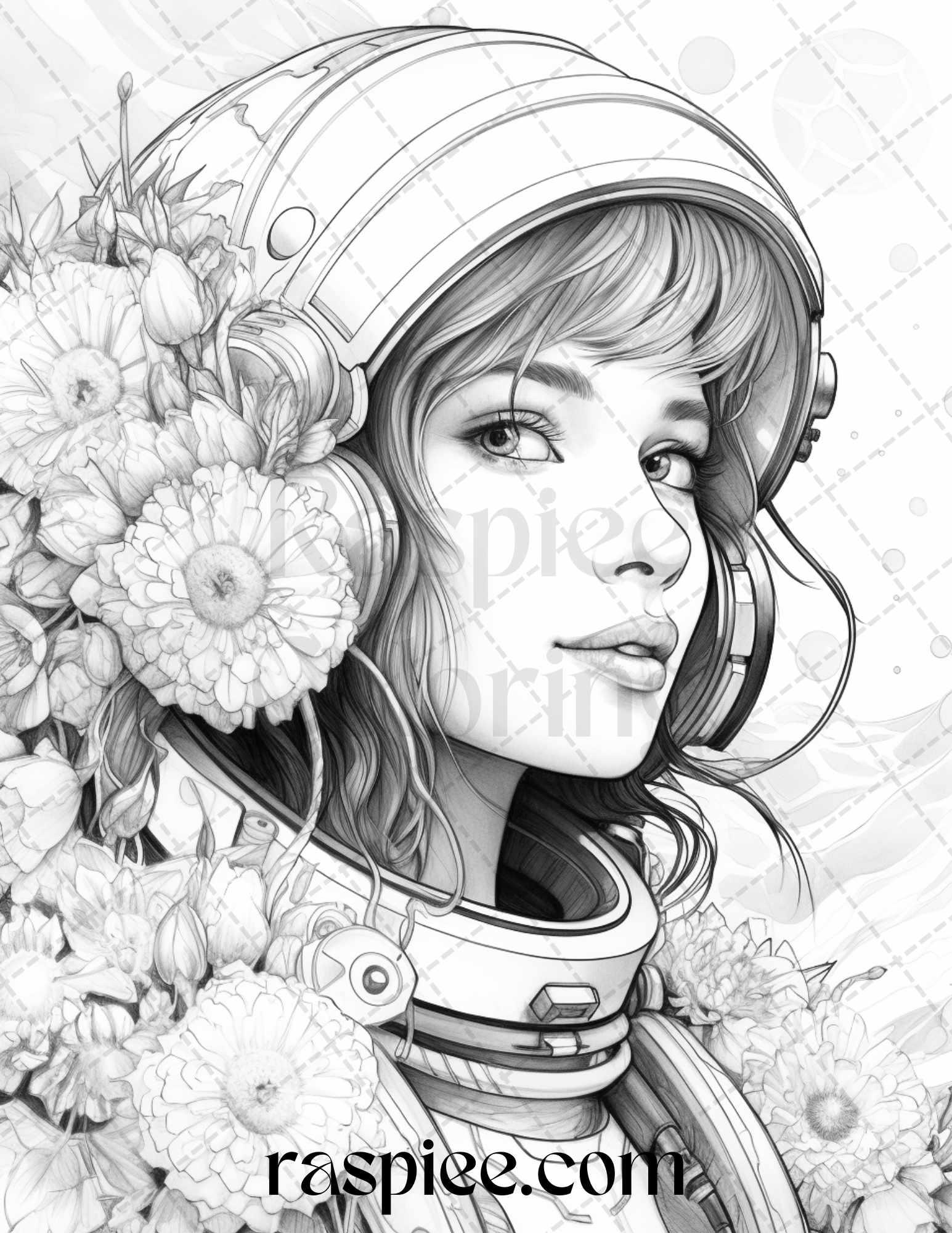 50 Astronaut Girl Portrait Grayscale Coloring Pages Printable for Adults, PDF File Instant Download