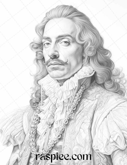 50 Baroque Man Portrait Grayscale Graysale Coloring Pages Printable for Adults, PDF File Instant Download