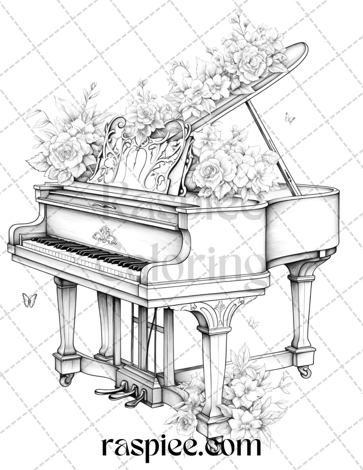 30 Musical Instrument Flower Grayscale Coloring Pages Printable for Adults, PDF File Instant Download