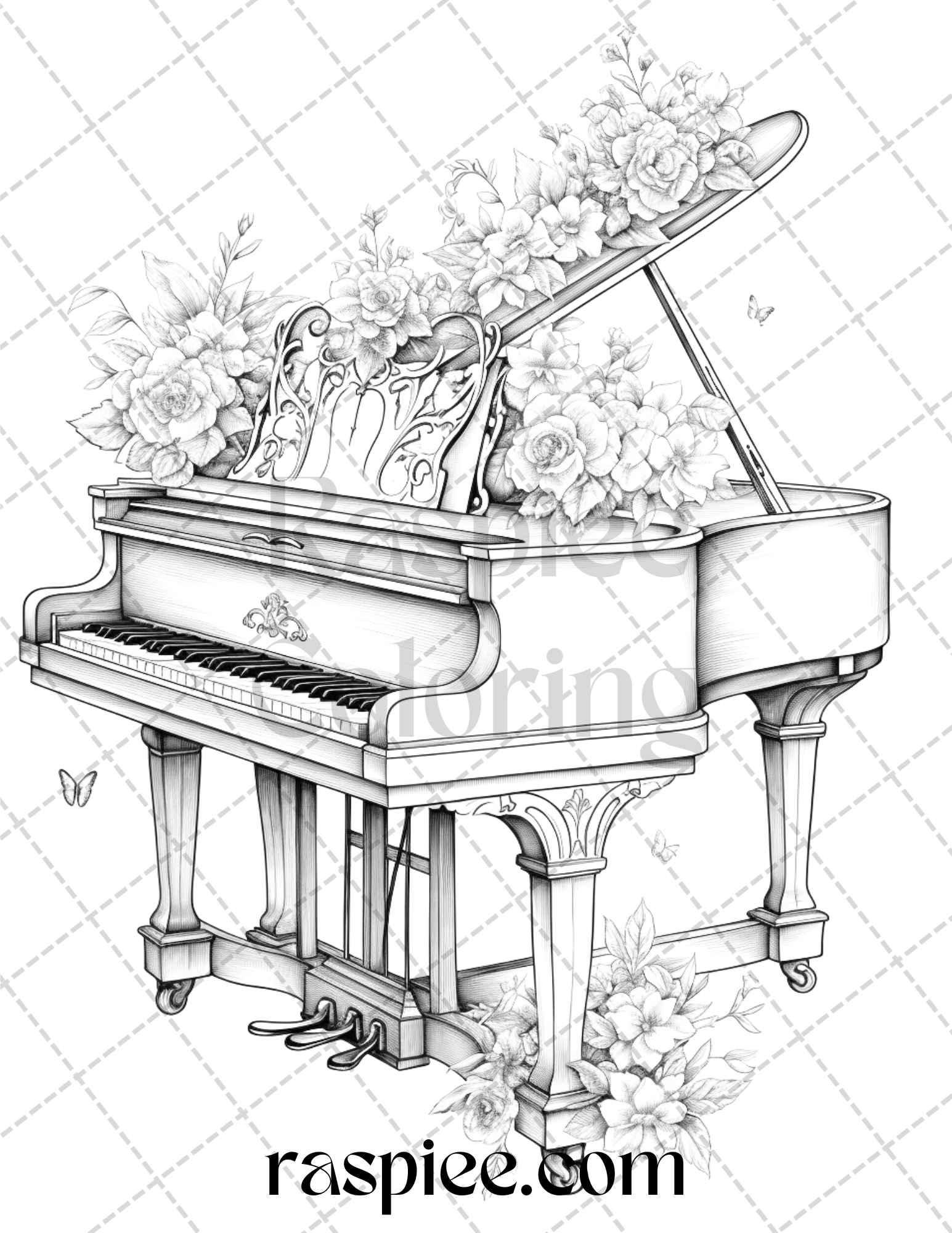 30 Musical Instrument Flower Grayscale Coloring Pages Printable for Adults, PDF File Instant Download