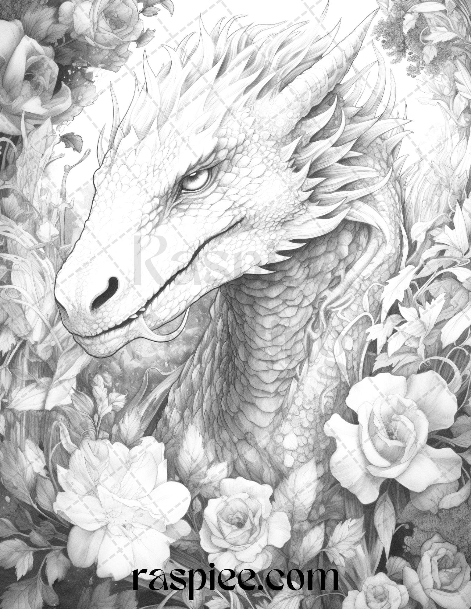 40 Flower Dragon Grayscale Coloring Pages Printable for Adults, PDF File Instant Download