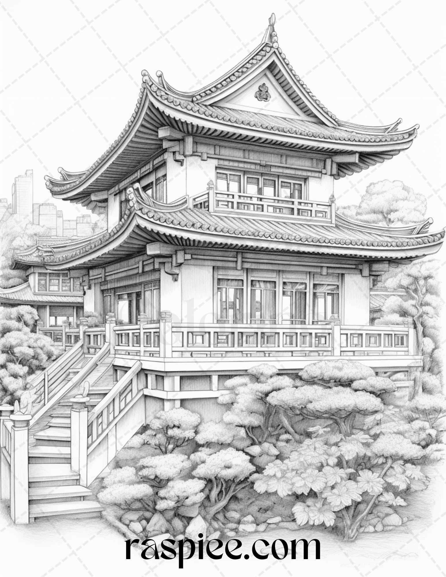 40 Traditional Chinese Houses Grayscale Coloring Pages Printable for Adults, PDF File Instant Download