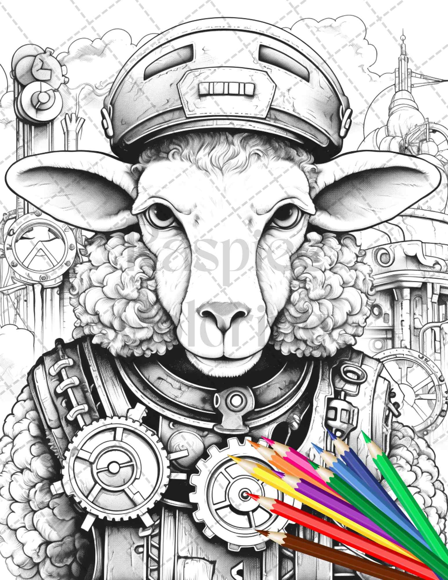 45 Steampunk Animals Grayscale Coloring Pages Printable for Adults Vol. 2, PDF File Instant Download