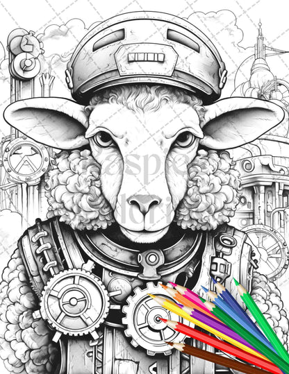 45 Steampunk Animals Grayscale Coloring Pages Printable for Adults Vol. 2, PDF File Instant Download