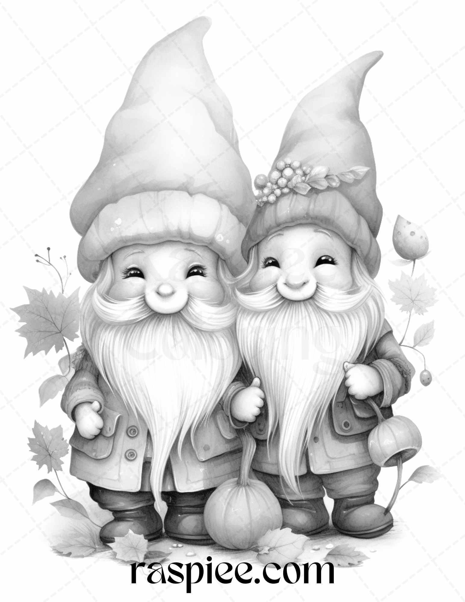 40 Fall Gnomes Grayscale Coloring Pages Printable for Adults Kids, PDF File Instant Download