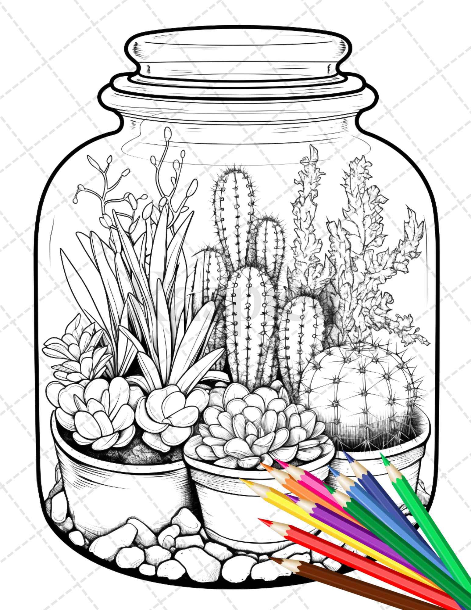 34 Enchanted Terrarium Grayscale Coloring Pages Printable for Adults, PDF File Instant Download