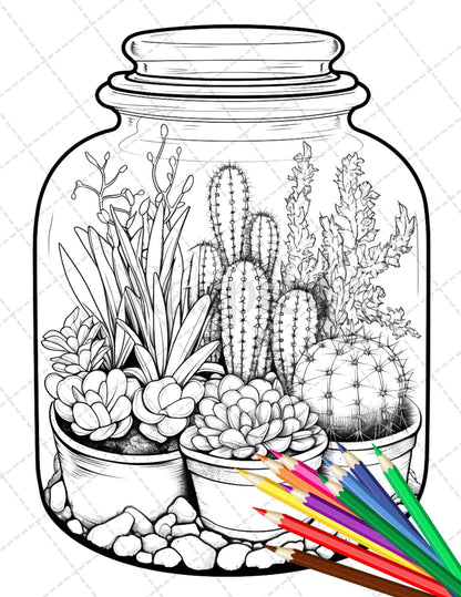 34 Enchanted Terrarium Grayscale Coloring Pages Printable for Adults, PDF File Instant Download