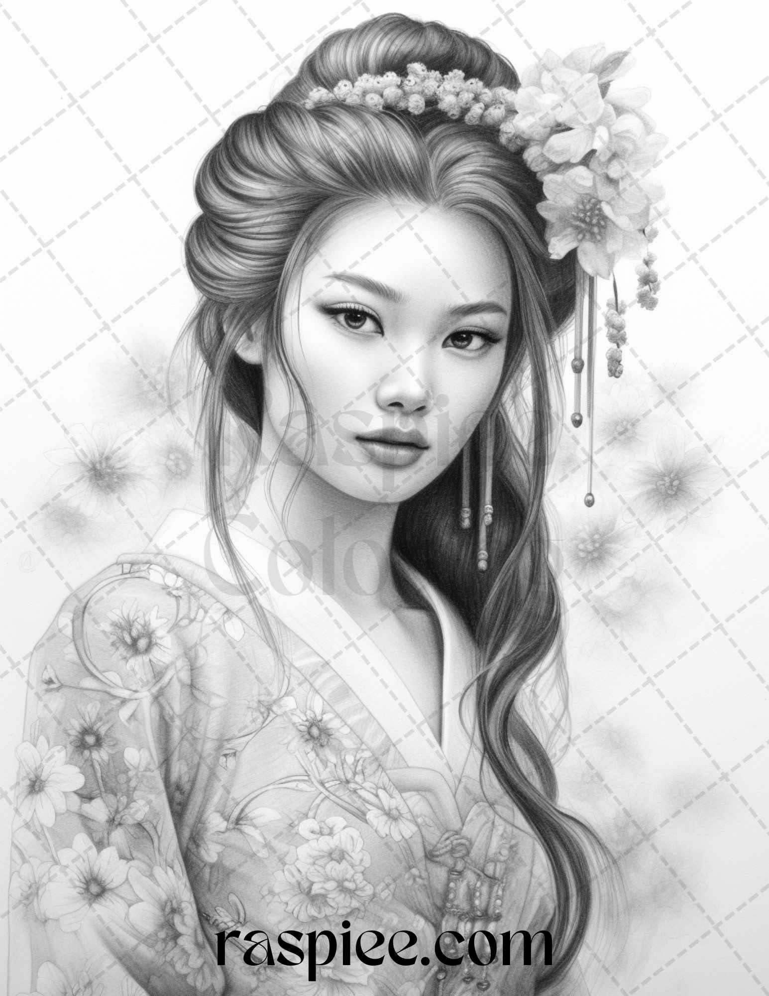 40 Beautiful Japanese Girls Grayscale Coloring Pages Printable for Adults, PDF File Instant Download