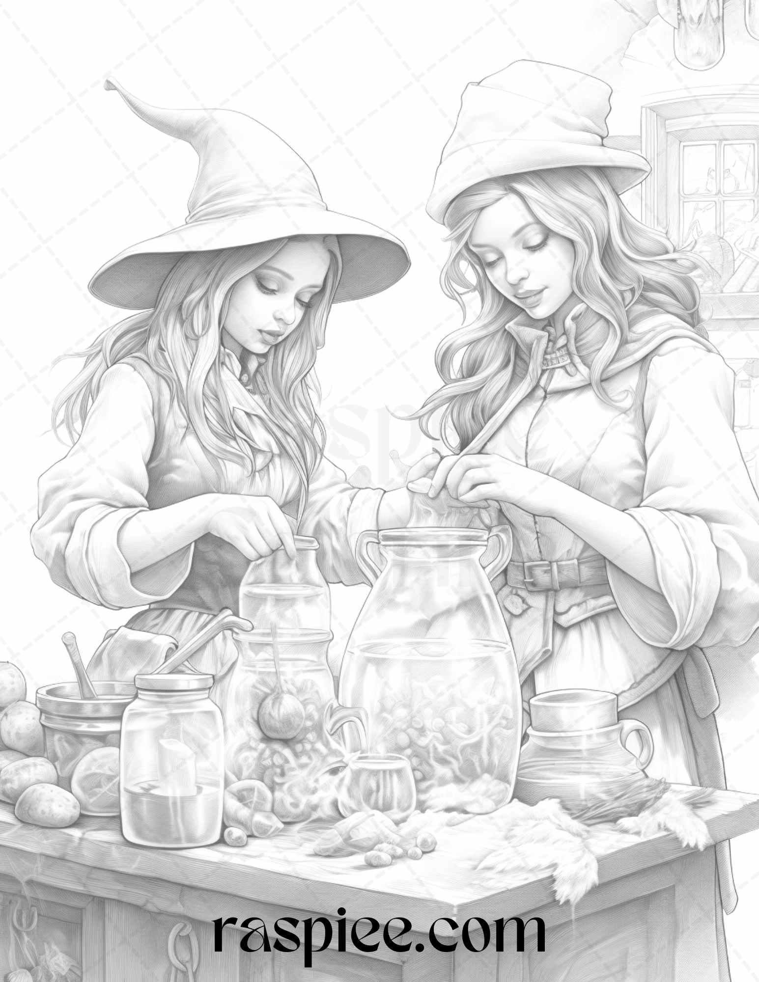 40 Witchy Land Grayscale Coloring Pages Printable for Adults, PDF File Instant Download