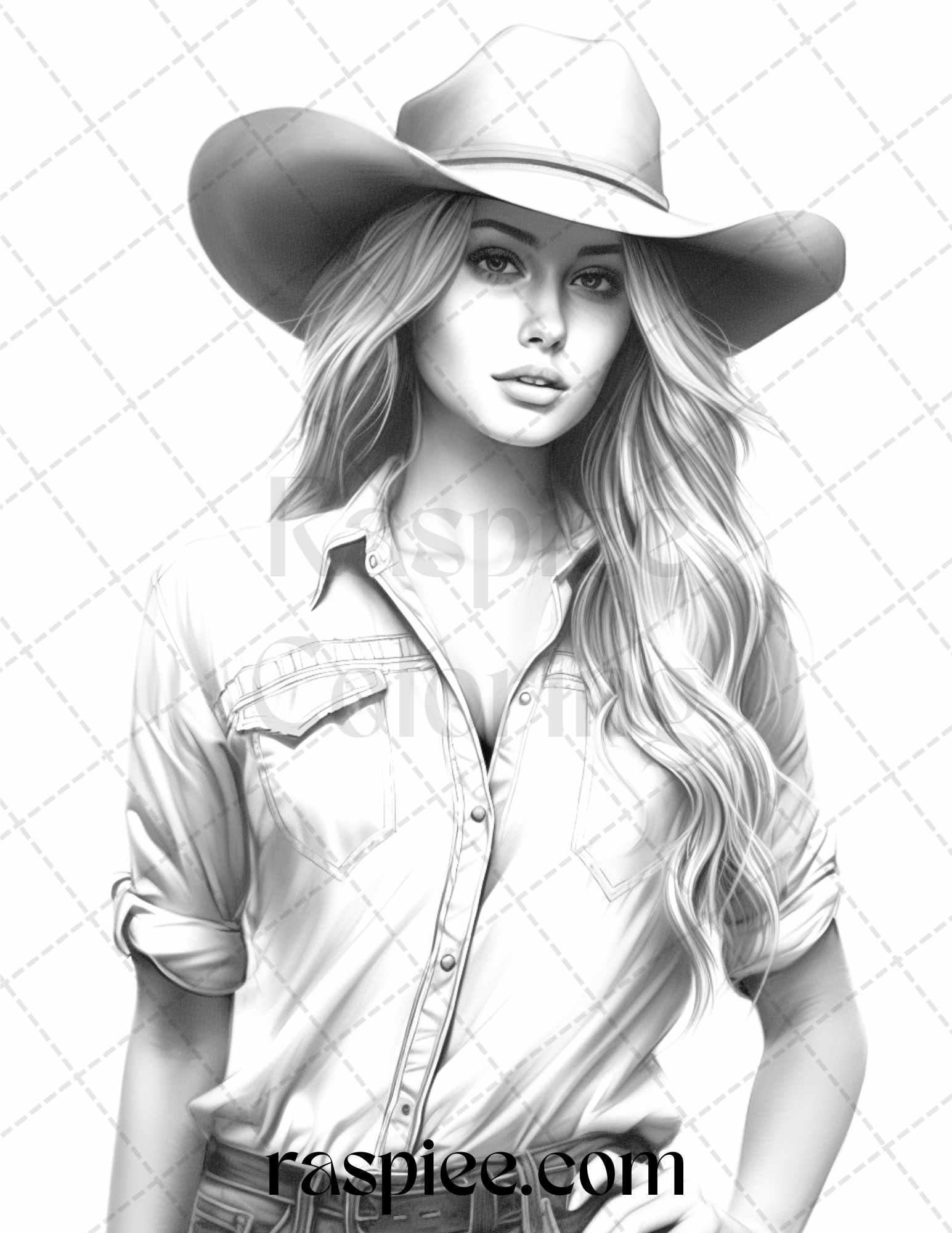 40 Beautiful Cowgirls Grayscale Coloring Pages Printable for Adults, PDF File Instant Download