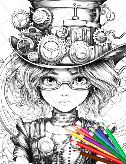 31 Adorable Steampunk Girls Coloring Pages Printable for Adults, Grayscale Coloring Page, PDF File Instant Download