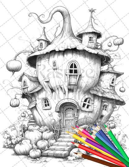 40 Pumpkin Fairy Houses Grayscale Coloring Pages Printable for Adults, PDF File Instant Download