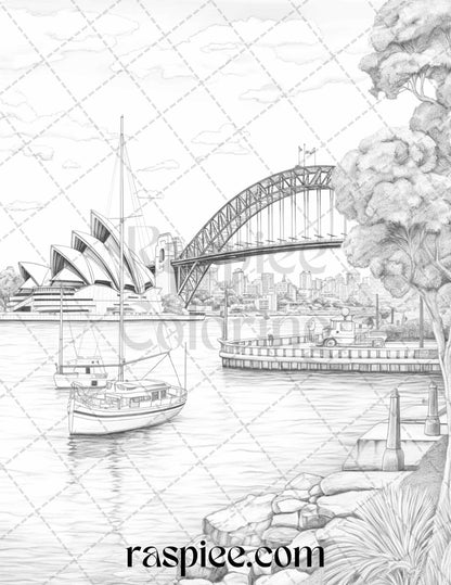 40 Beautiful Cities Travel Grayscale Coloring Pages Printable for Adults, PDF File Instant Download