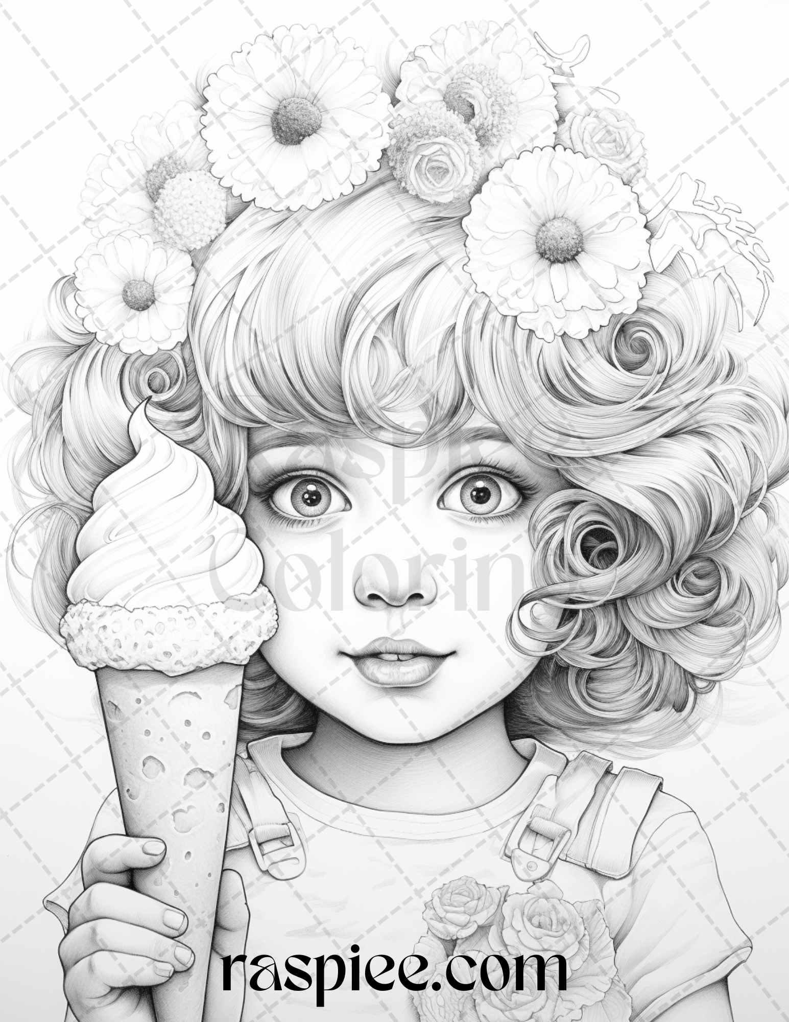 42 Adorable Girls with Ice Cream Grayscale Coloring Pages Printable for Adults Kids, PDF File Instant Download