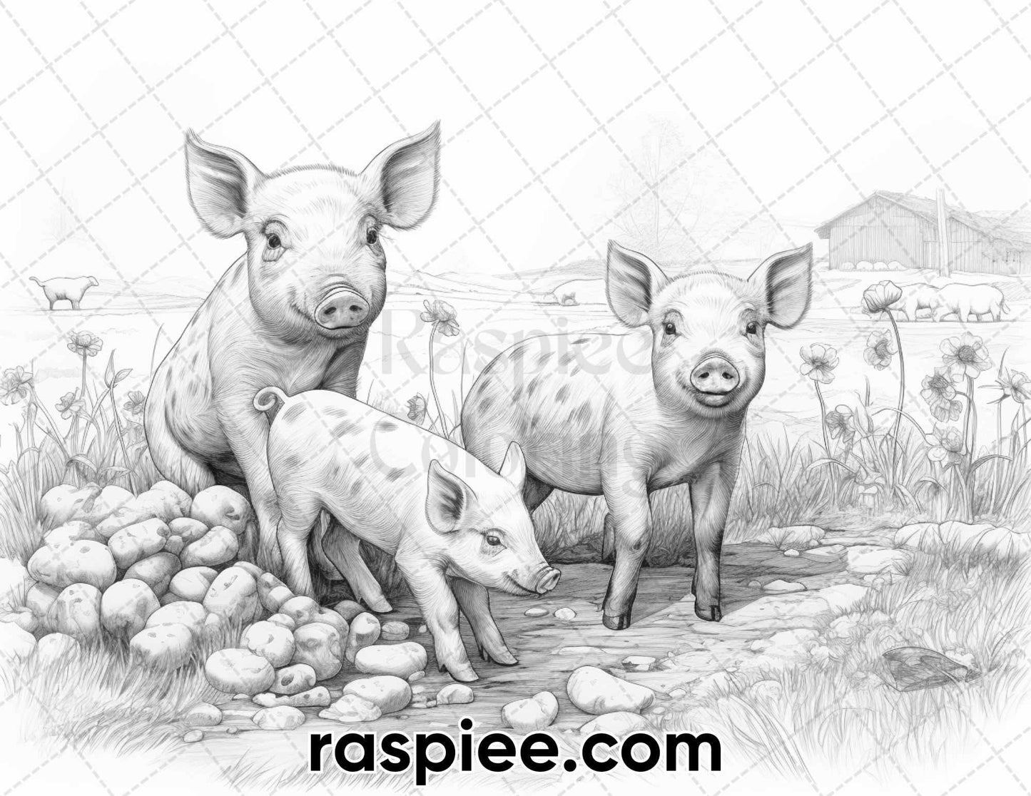 40 Spring Farm Life Grayscale Adult Coloring Pages, Printable PDF Instant Download