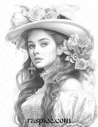 40 Baroque Women Portrait Grayscale Adult Coloring Pages Printable, PDF File Instant Download